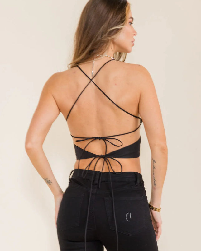 WOMEN'S SLEEVELESS V-NECK OPEN BACK CROP TOP