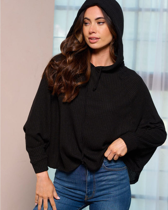 WOMEN'S LONG SLEEVE HOODED LOOSE FIT WAFFLE TOP