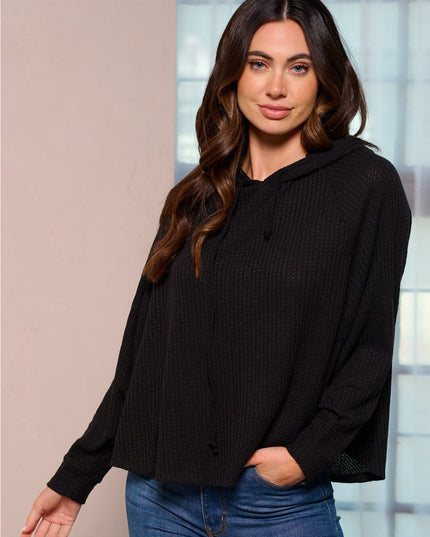 WOMEN'S LONG SLEEVE HOODED LOOSE FIT WAFFLE TOP