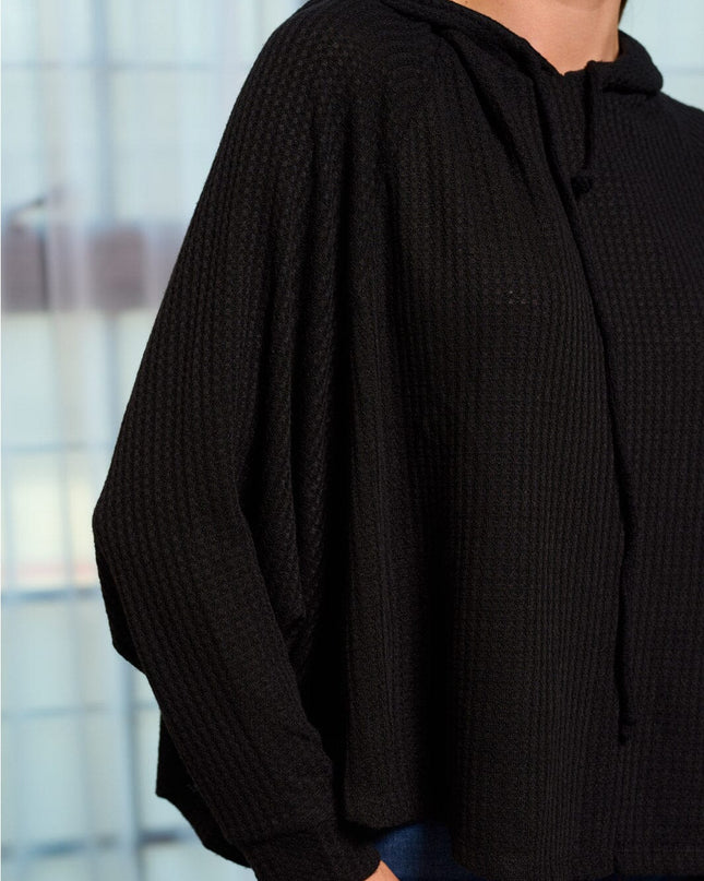 WOMEN'S LONG SLEEVE HOODED LOOSE FIT WAFFLE TOP