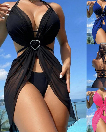 3pcs Halter Neck Bikini Beach Summer Solid Color Split Swimsuit Womens