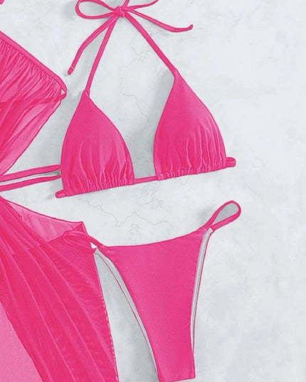 3pcs Halter Neck Bikini Beach Summer Solid Color Split Swimsuit Womens