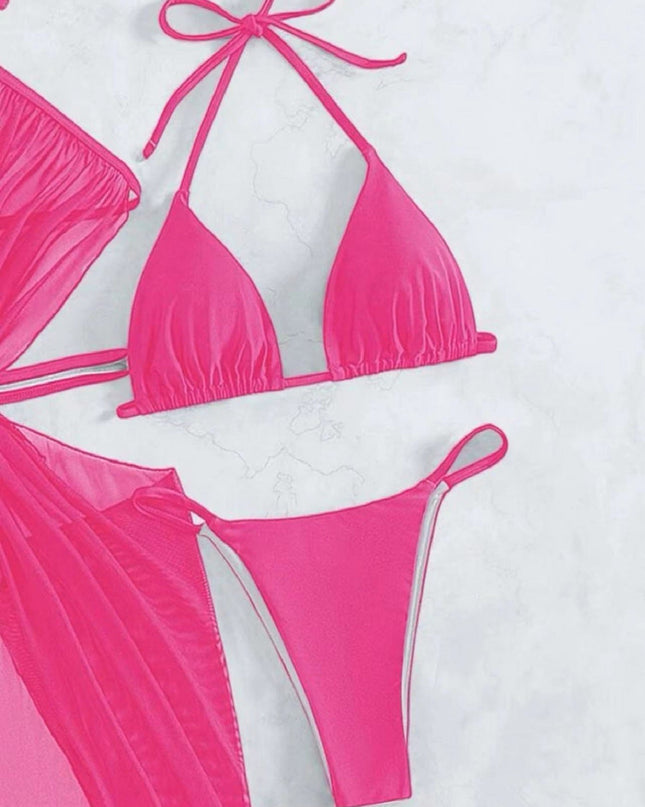 3pcs Halter Neck Bikini Beach Summer Solid Color Split Swimsuit Womens