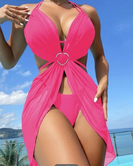 3pcs Halter Neck Bikini Beach Summer Solid Color Split Swimsuit Womens