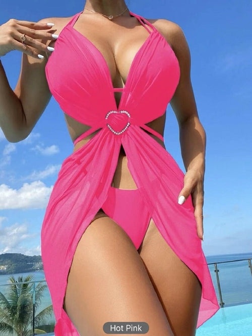 3pcs Halter Neck Bikini Beach Summer Solid Color Split Swimsuit Womens