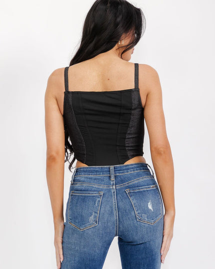 WOMEN'S SLEEVELESS ZIP UP COLORBLOCK DENIM CONTRAST BODYSUIT