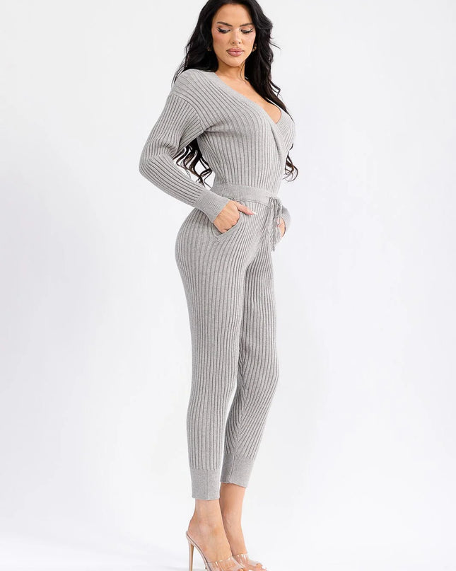 WOMEN'S LONG SLEEVE SURPLICE SELF TIE FRONT POCKETS SKINNY RIBBED JUMPSUIT