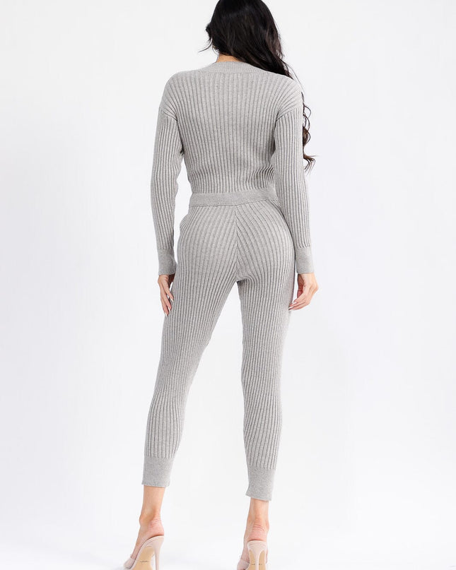 WOMEN'S LONG SLEEVE SURPLICE SELF TIE FRONT POCKETS SKINNY RIBBED JUMPSUIT