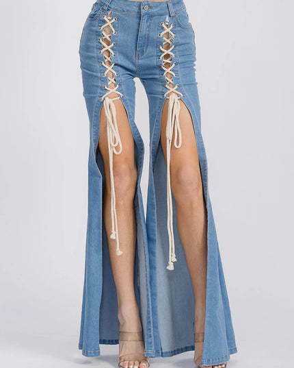 WOMEN'S BUTTON CLOSURE LACE UP BELL BOTTOM DENIM PANTS