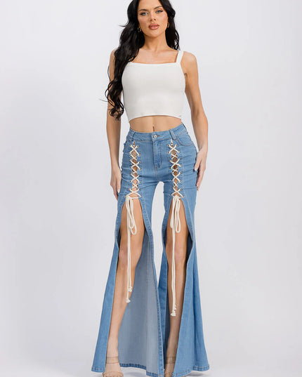 WOMEN'S BUTTON CLOSURE LACE UP BELL BOTTOM DENIM PANTS