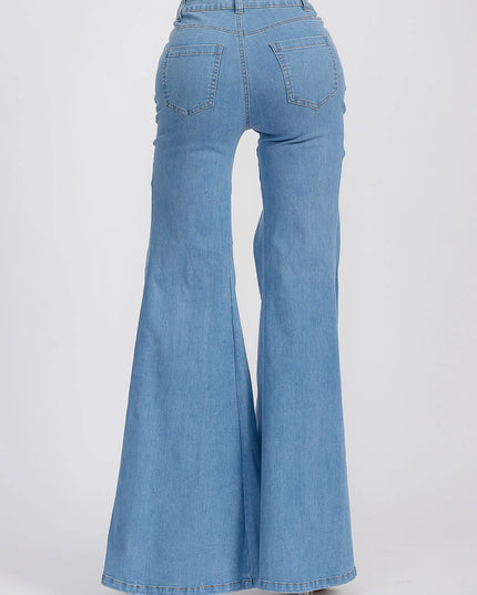 WOMEN'S BUTTON CLOSURE LACE UP BELL BOTTOM DENIM PANTS