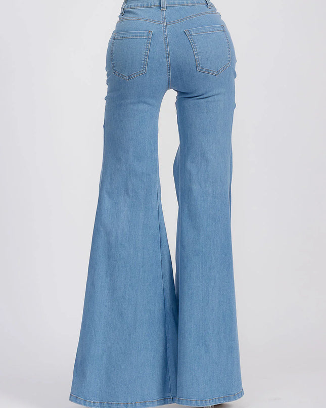 WOMEN'S BUTTON CLOSURE LACE UP BELL BOTTOM DENIM PANTS