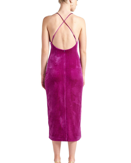 Elle Magenta Velvet Long Slip Dress - Front Thigh Slit, Low Criss