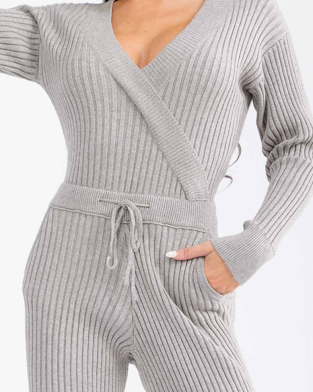 WOMEN'S LONG SLEEVE SURPLICE SELF TIE FRONT POCKETS SKINNY RIBBED JUMPSUIT