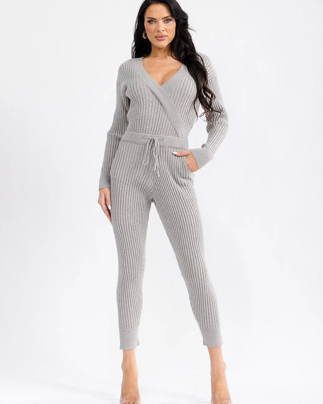 WOMEN'S LONG SLEEVE SURPLICE SELF TIE FRONT POCKETS SKINNY RIBBED JUMPSUIT
