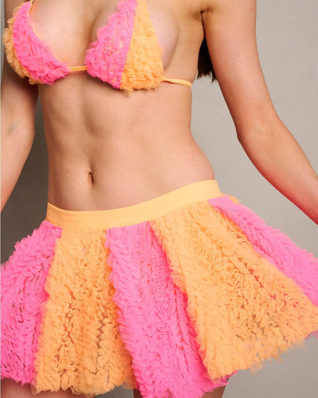 WOMEN'S SLEEVELES CROP TOP & ZIP UP RUFFLE MINI SKIRT COLORBLOCK 2PC. SET