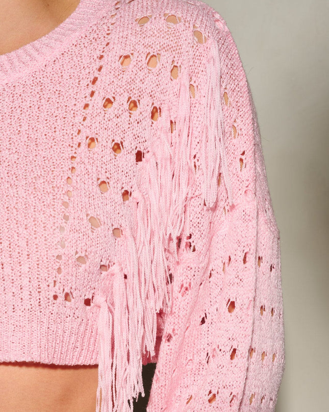 WOMEN'S LONG SLEEVE FRINGE DETAILED KNITTED CROP TOP