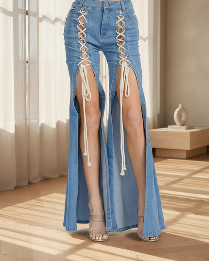 WOMEN'S BUTTON CLOSURE LACE UP BELL BOTTOM DENIM PANTS