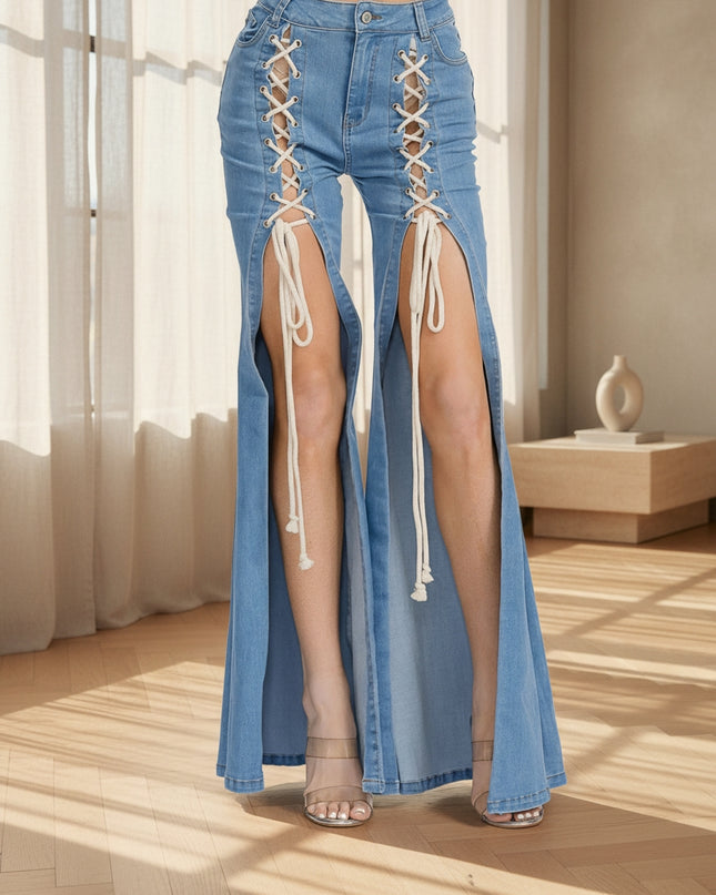 WOMEN'S BUTTON CLOSURE LACE UP BELL BOTTOM DENIM PANTS