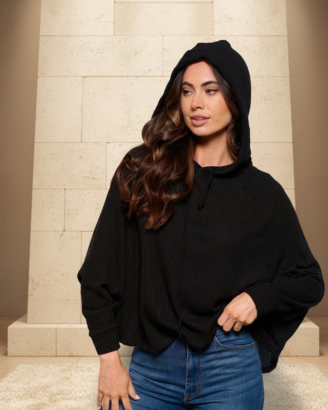 WOMEN'S LONG SLEEVE HOODED LOOSE FIT WAFFLE TOP