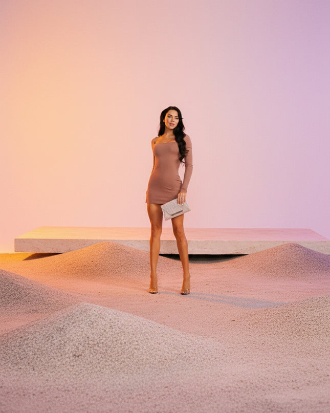 WOMEN'S LONG SLEEVE SQUARE NECK BODYCON RIBBED MINI DRESS