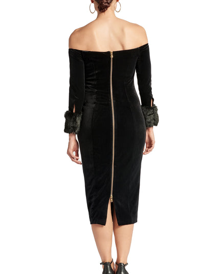 Joia Dress - Velvet off the shoulder long sleeve dress with faux fur