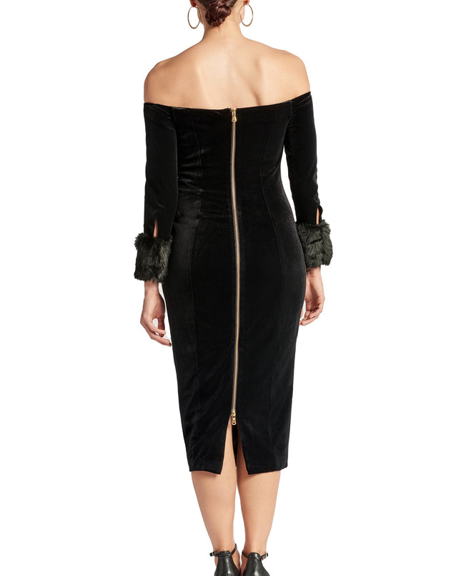 Joia Dress - Velvet off the shoulder long sleeve dress with faux fur