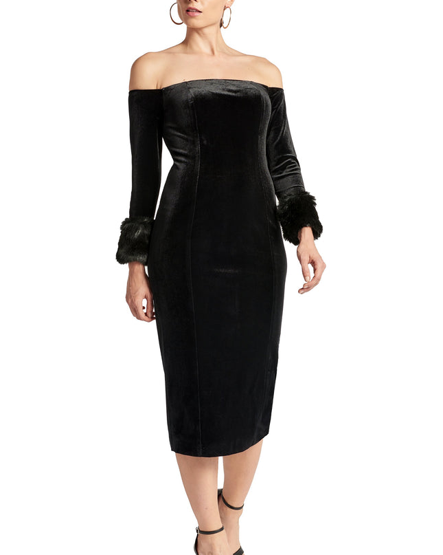 Joia Dress - Velvet off the shoulder long sleeve dress with faux fur