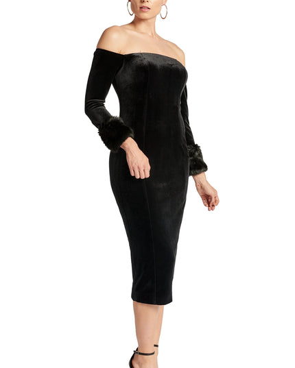 Joia Dress - Velvet off the shoulder long sleeve dress with faux fur