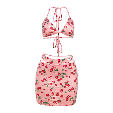 Fall Women Clothing Halter Backless Cherry Printed Sexy Bikini Three