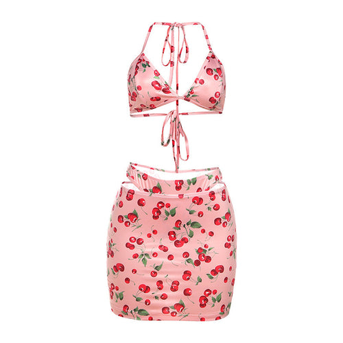 Fall Women Clothing Halter Backless Cherry Printed Sexy Bikini Three