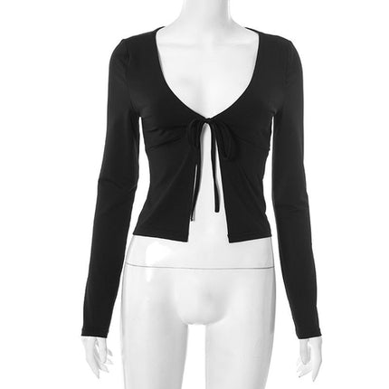 Women Clothing Summer Sexy Long Sleeve V neck Lace up Cardigan Top