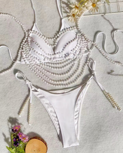 Pearl Chain Decorations Swimsuit Women Sexy Bikini Split Swimsuit