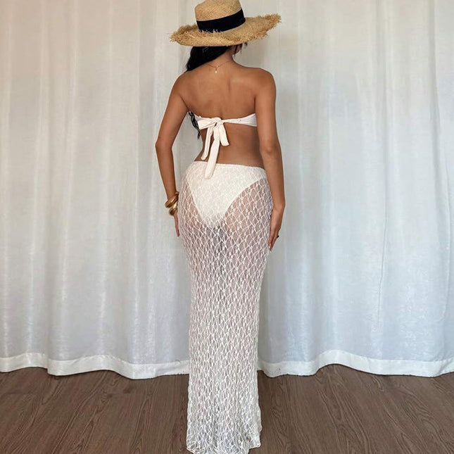 Summer Women Clothing Solid Color Sexy Lace up Tube Top Lace Maxi