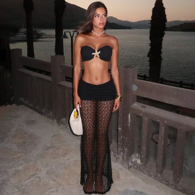 Summer Women Clothing Solid Color Sexy Lace up Tube Top Lace Maxi