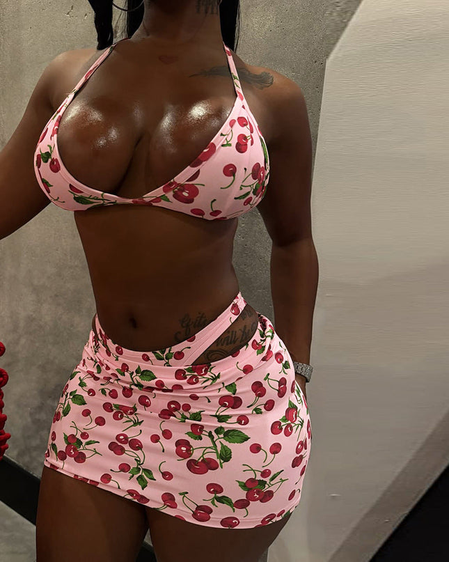 Fall Women Clothing Halter Backless Cherry Printed Sexy Bikini Three
