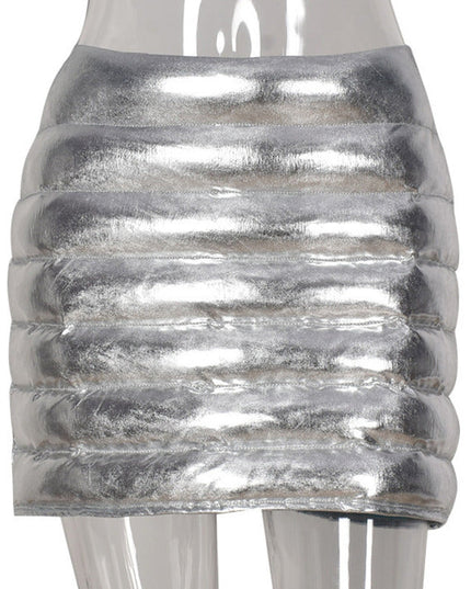 Silver Women's Puffer Skirt Metallic Shiny Solid Warm Quilted Mini