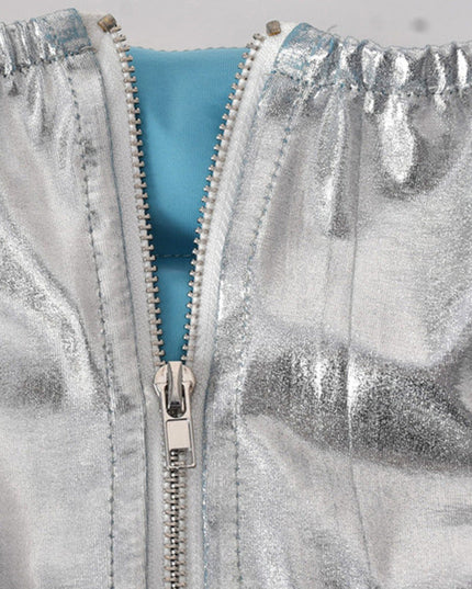 Silver Women's Puffer Skirt Metallic Shiny Solid Warm Quilted Mini