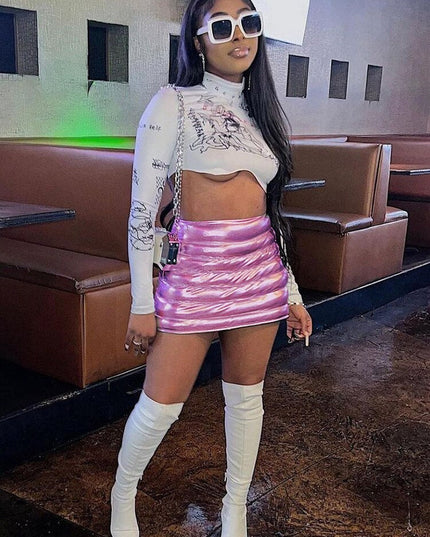 Pink Women's Puffer Skirt Metallic Shiny Warm Quilted Mini A-line