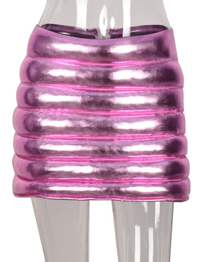Pink Women's Puffer Skirt Metallic Shiny Warm Quilted Mini A-line