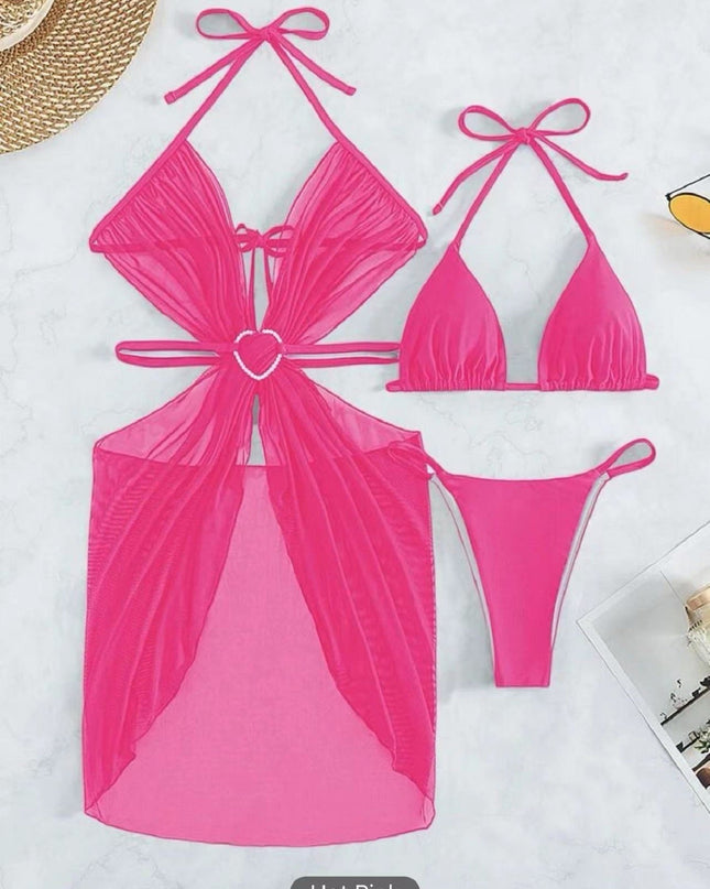 3pcs Halter Neck Bikini Beach Summer Solid Color Split Swimsuit Womens