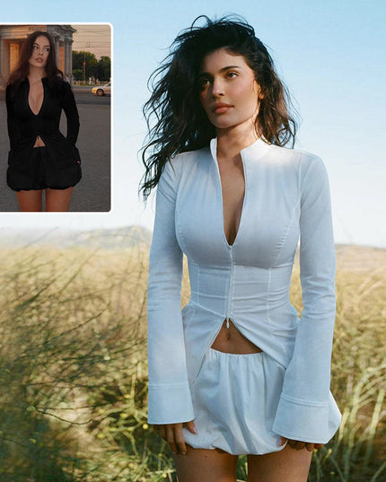 Slim Suits V-neck ZIpper Long-sleeved Top And Mini Skirt Ins Fashion