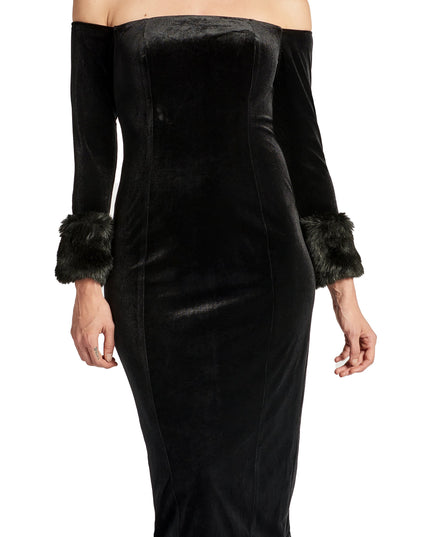 Joia Dress - Velvet off the shoulder long sleeve dress with faux fur