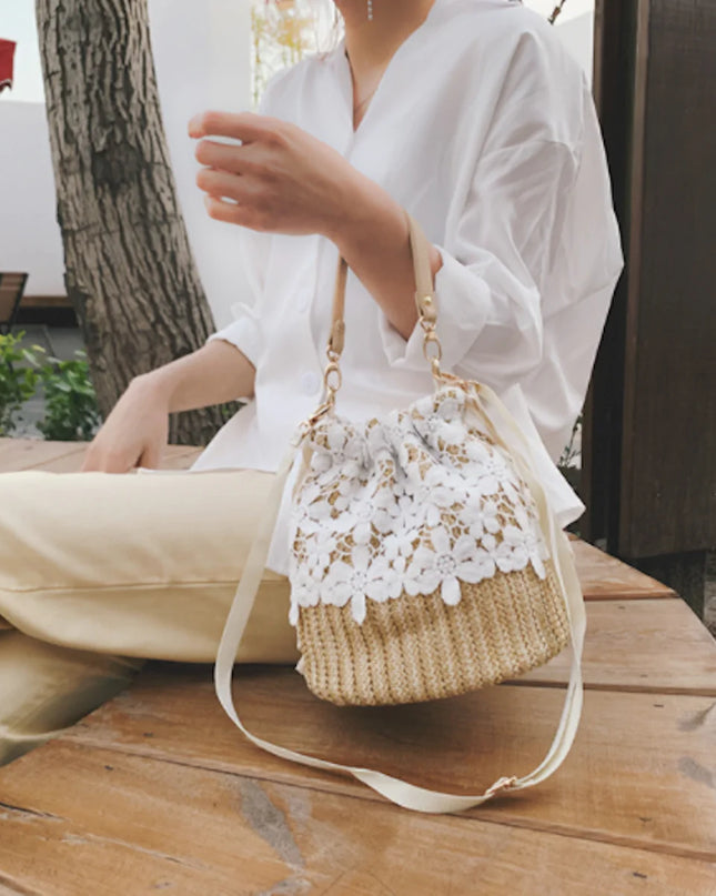 Summer Crossbody Straw Bucket with Lace