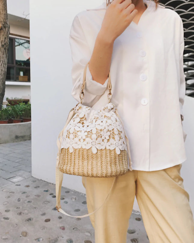 Summer Crossbody Straw Bucket with Lace