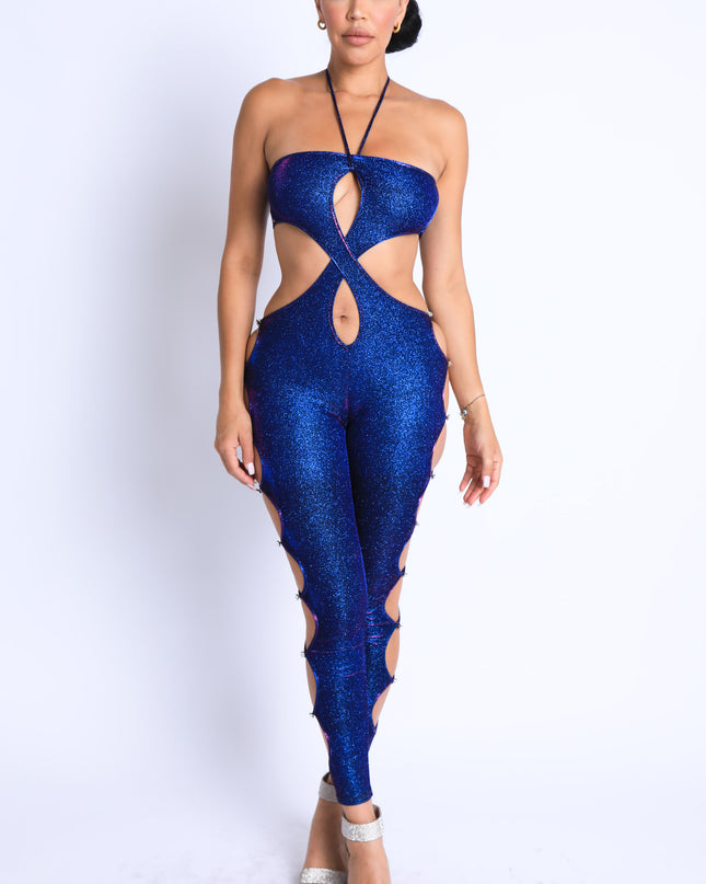 Glittery Cutout Halter Neck Keyhole Sexy Party Jumpsuit BLUE/FUCHSIA