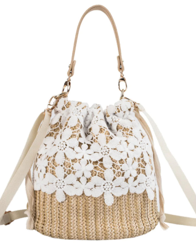 Summer Crossbody Straw Bucket with Lace
