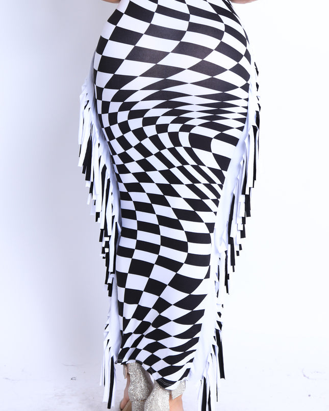 Checkered Elastic High Waist Stretch Bodycon Maxi Pencil Skirt