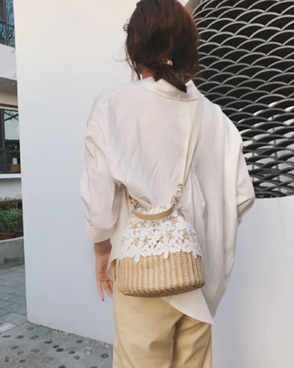 Summer Crossbody Straw Bucket with Lace