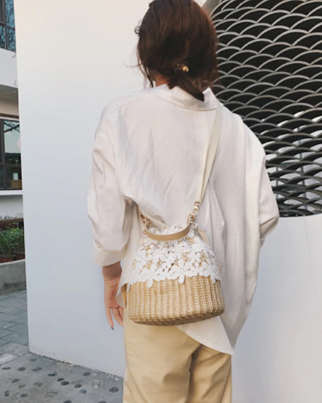 Summer Crossbody Straw Bucket with Lace